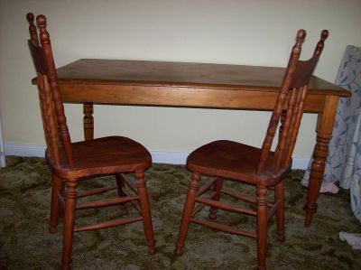 ANTIQUE TIMBER TABLE  .....   PLUS 6  HIGHBACKED CHAIRS 