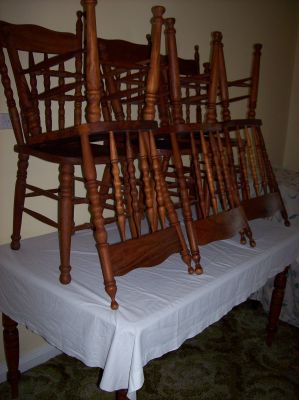 ANTIQUE TIMBER TABLE  .....   PLUS 6  HIGHBACKED CHAIRS 